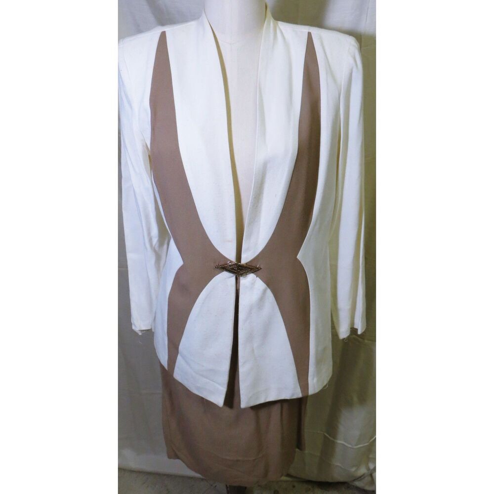 S.L. Fashions Vintage 2 Pc Women's White & Tan Trim Skirt / Dress Suit Size 8